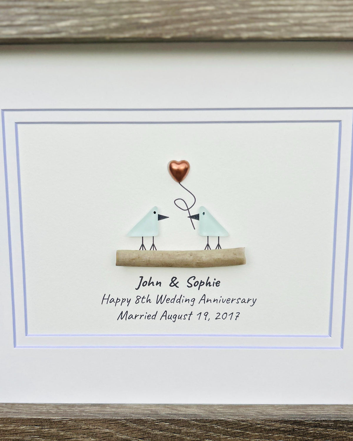 8th Wedding Anniversary 8x10" Framed Sea Glass Art, Personalized Bronze Anniversary Gift for Parents, Wife, Husband, Friends