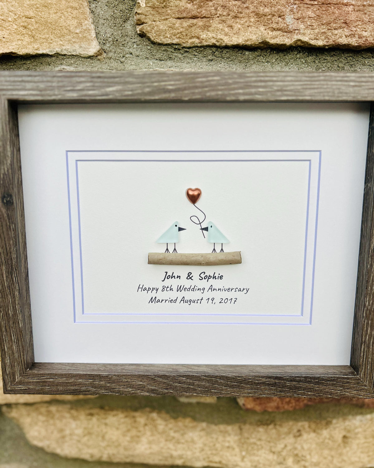 8th Wedding Anniversary 8x10" Framed Sea Glass Art, Personalized Bronze Anniversary Gift for Parents, Wife, Husband, Friends