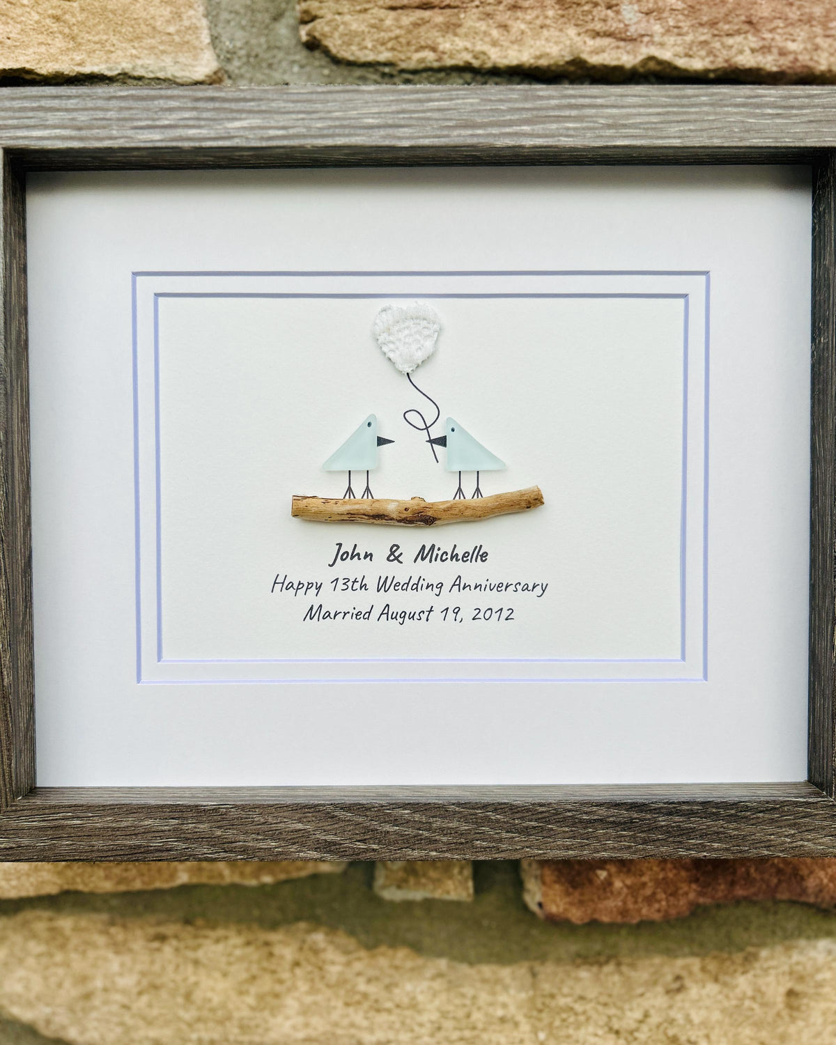 13th Wedding Anniversary 8x10" Framed Sea Glass Art, Personalized Lace or Textile Anniversary Gift for Parents, Wife, Husband, Friends