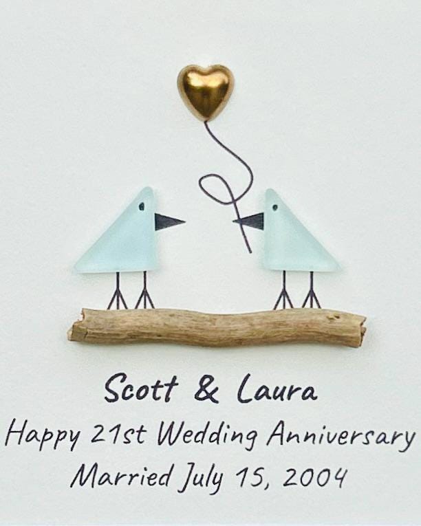 21st Wedding Anniversary 8x10" Framed Sea Glass Art, Personalized Brass or Nickel Anniversary Gift for Parents, Wife, Husband, Friends