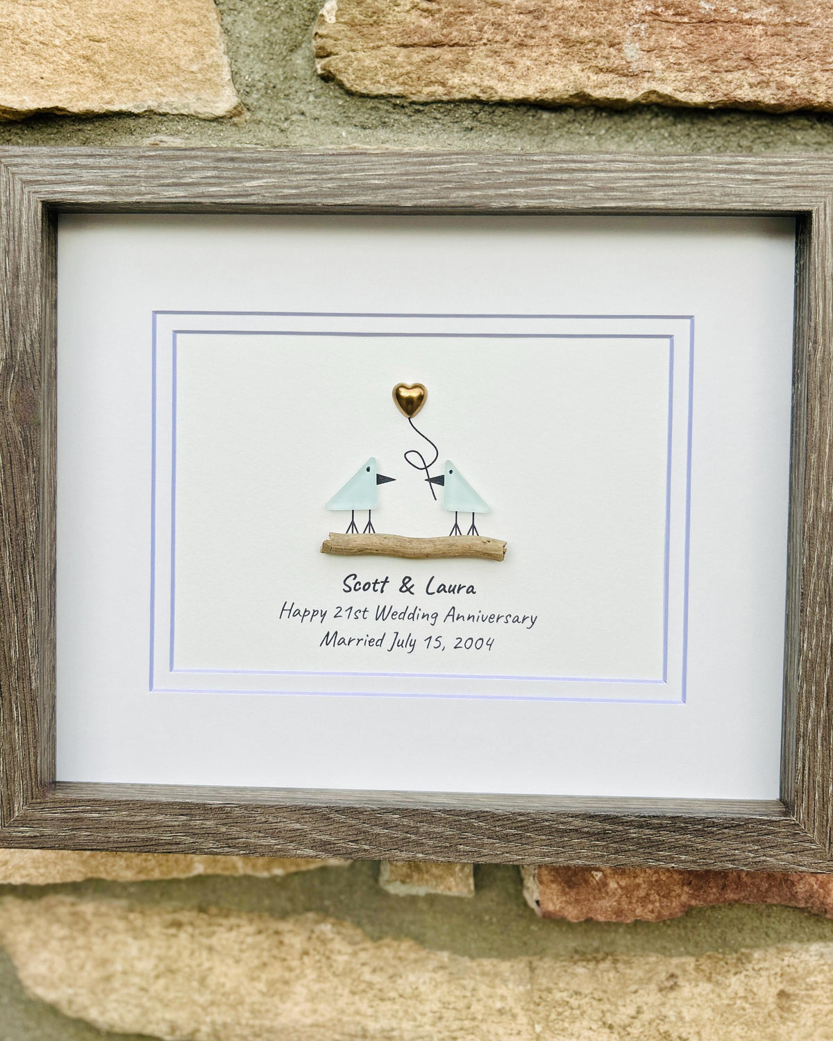 21st Wedding Anniversary 8x10" Framed Sea Glass Art, Personalized Brass or Nickel Anniversary Gift for Parents, Wife, Husband, Friends