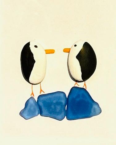 Sea Glass Penguins on Blue Sea Glass Ice – Handmade Winter Wall Art, 5x7 Framed Sea Glass Art, Perfect Winter or Holiday Decor