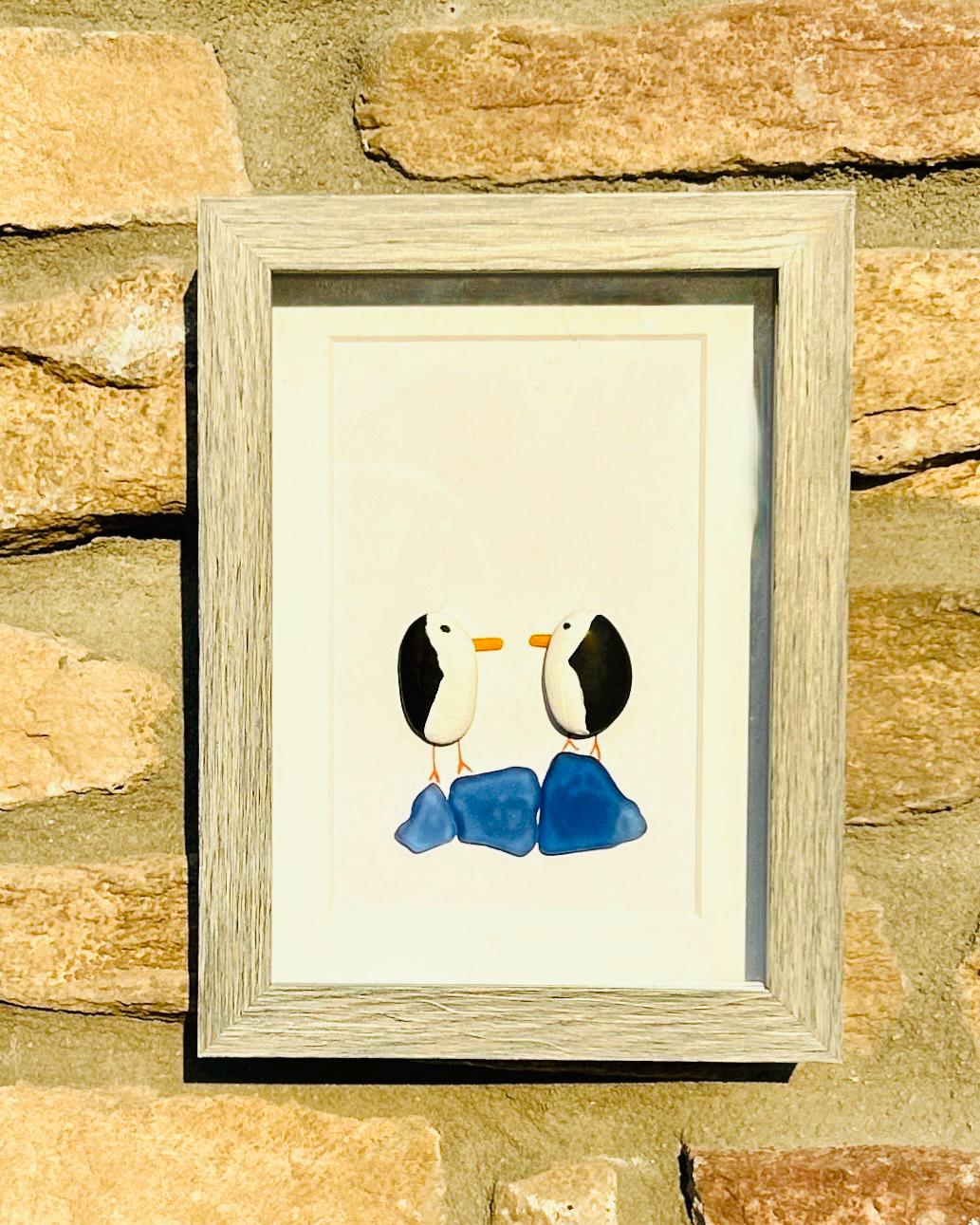 Sea Glass Penguins on Blue Sea Glass Ice – Handmade Winter Wall Art, 5x7 Framed Sea Glass Art, Perfect Winter or Holiday Decor