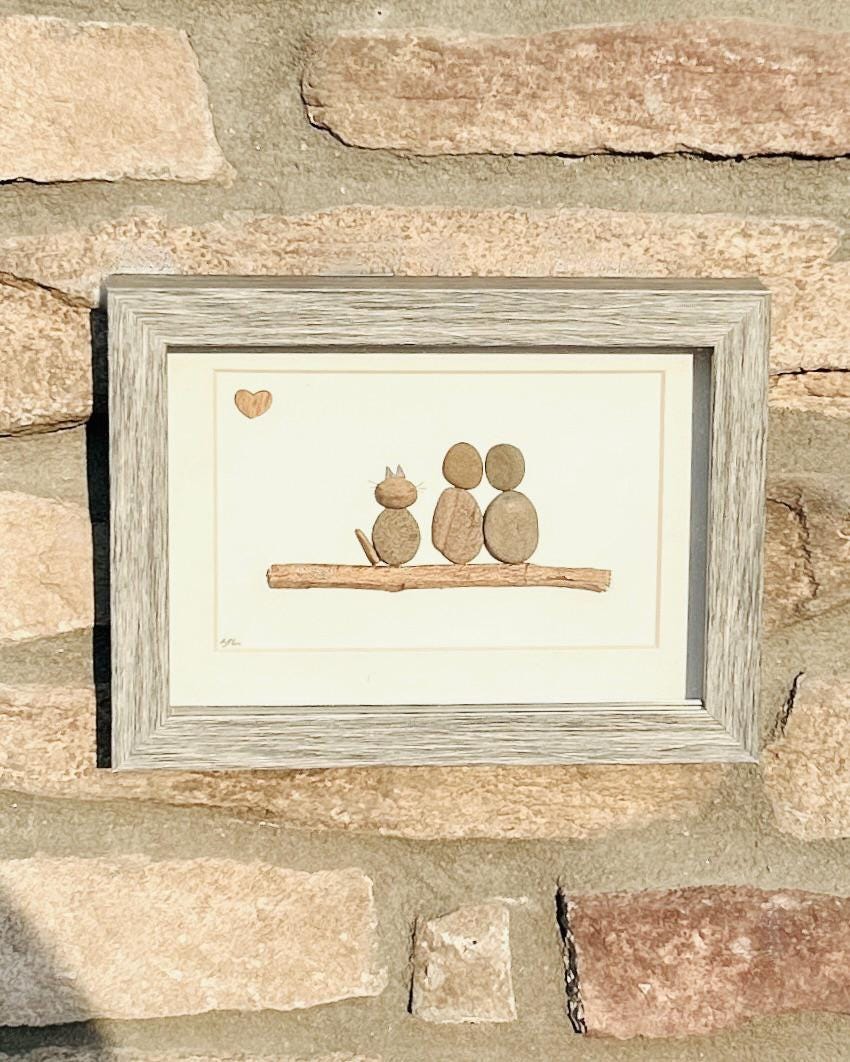 Couple and their Cat Pebble Art, 5x7 Framed Picture, Personalized Pet Artwork, Perfect Gift for Cat Owners
