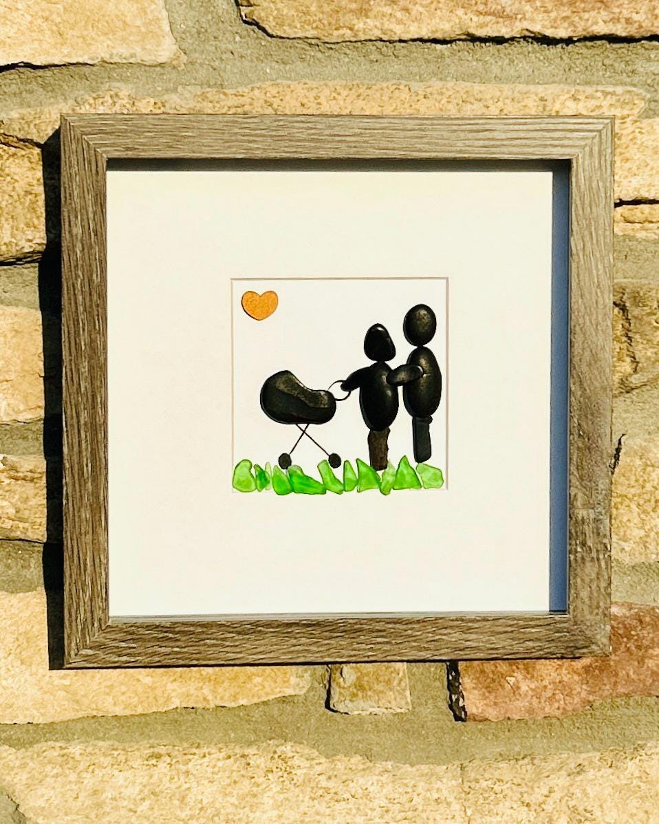 Personalized New Baby Pebble Art, 8x10 Framed Picture of Couple with Baby in Stroller / Bassinet, Perfect Gift for New Parents