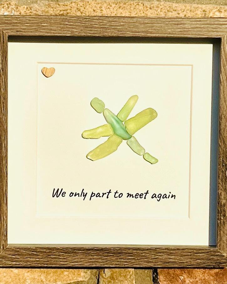 Sea Glass Dragonfly Art – “We Only Part to Meet Again” – Handmade Nature-Inspired Wall Art, Sympathy or Memorial Gift, Farewell Keepsake