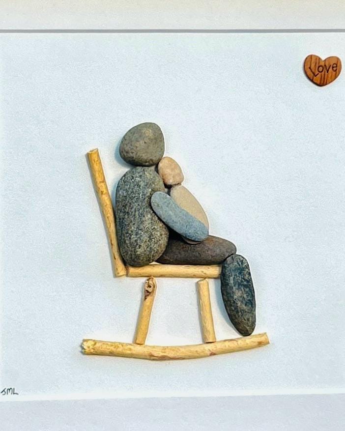 Parent and Baby in Rocking Chair Pebble Art, 8x8"
