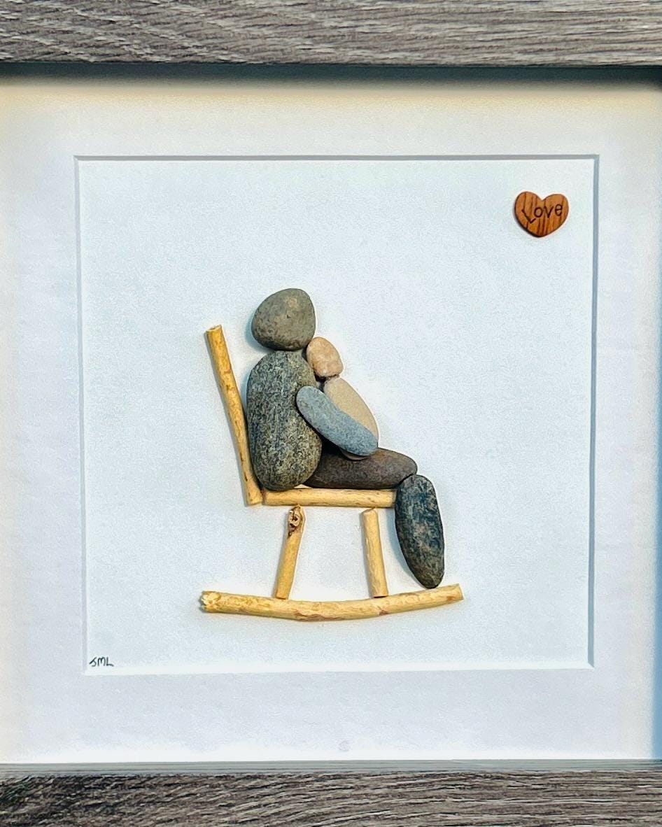 Parent and Baby in Rocking Chair Pebble Art, 8x8"