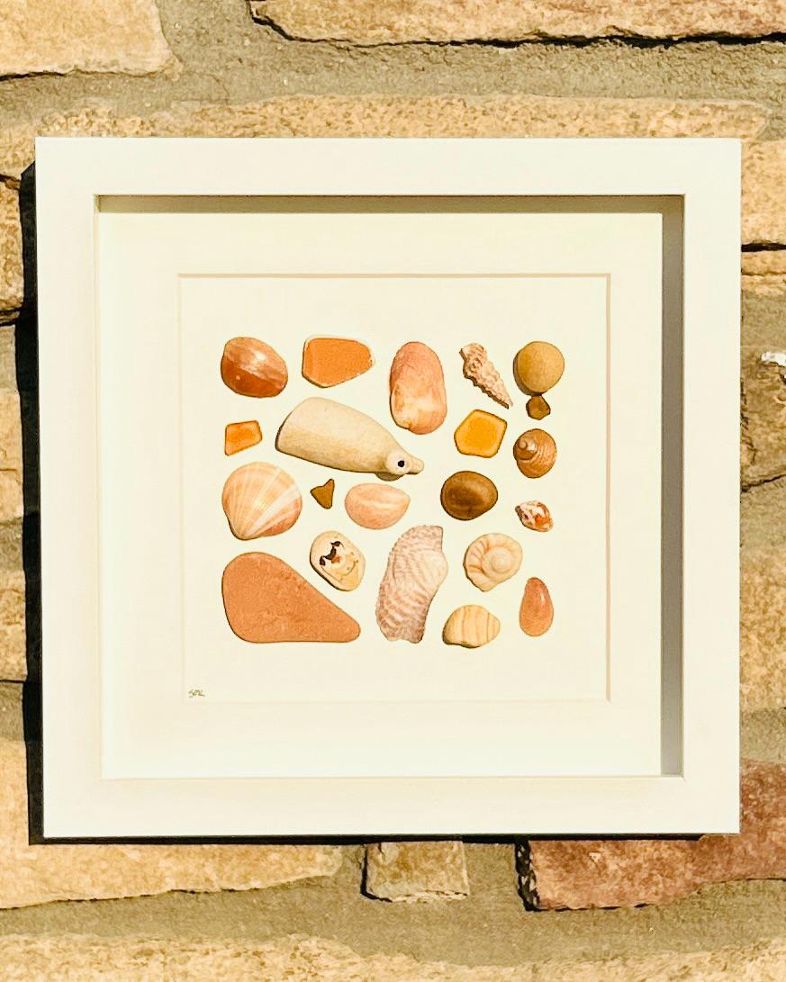 Delicate Beach Art in Shades of Orange and Yellow | Sea Treasures | 8x8 Sea Glass, Shell & Pebble Collage | Handmade Coastal Decor