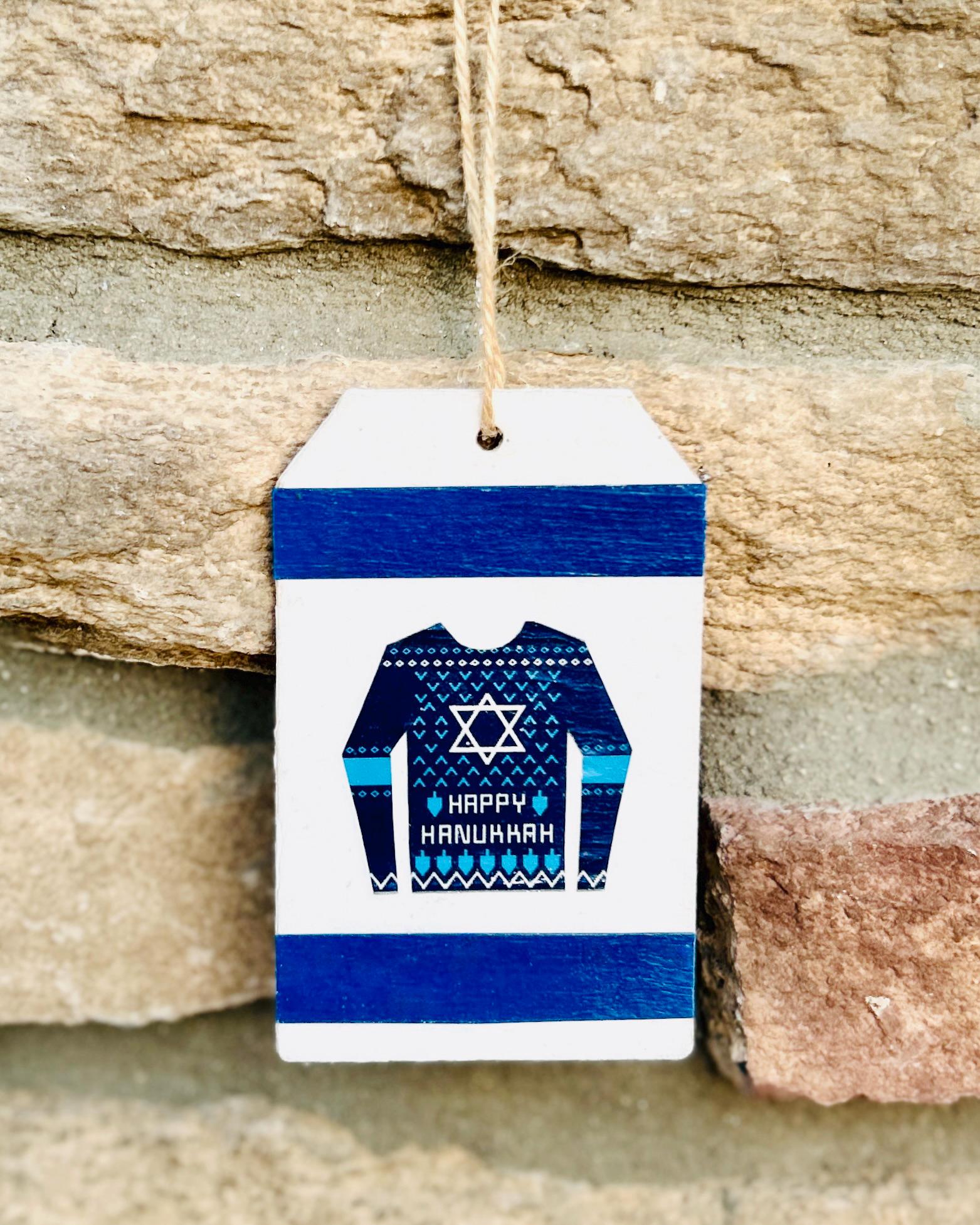 Happy Hanukkah Sweater Ornament | Handmade Decoupage Holiday Decoration | Blue Star Of David Chanukah Gift | 3x2" Ornament in Blue and White