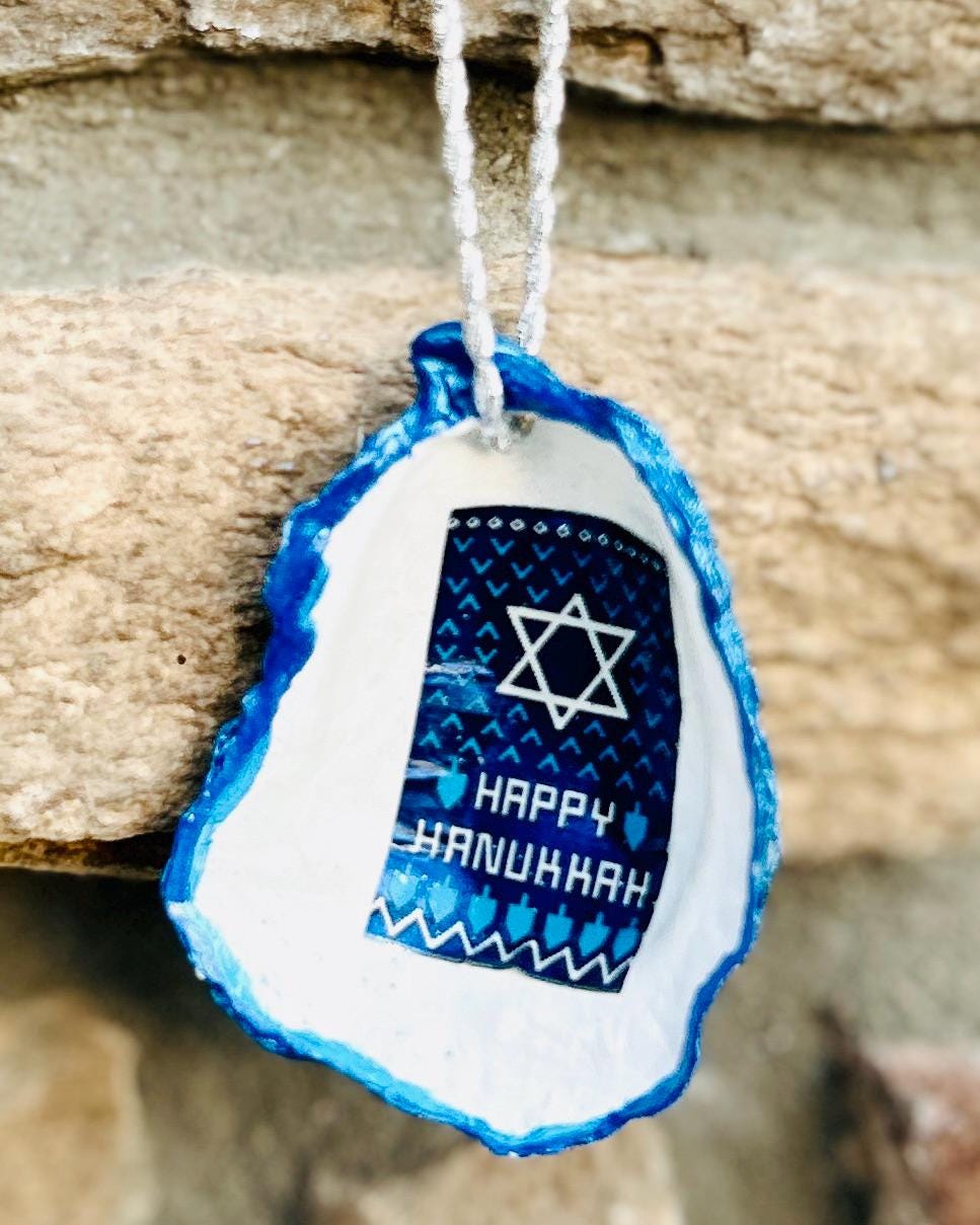 Jewish Hanukkah (Chanukah) "Happy Hanukkah" Holiday Ornament - Seashell and Decoupage