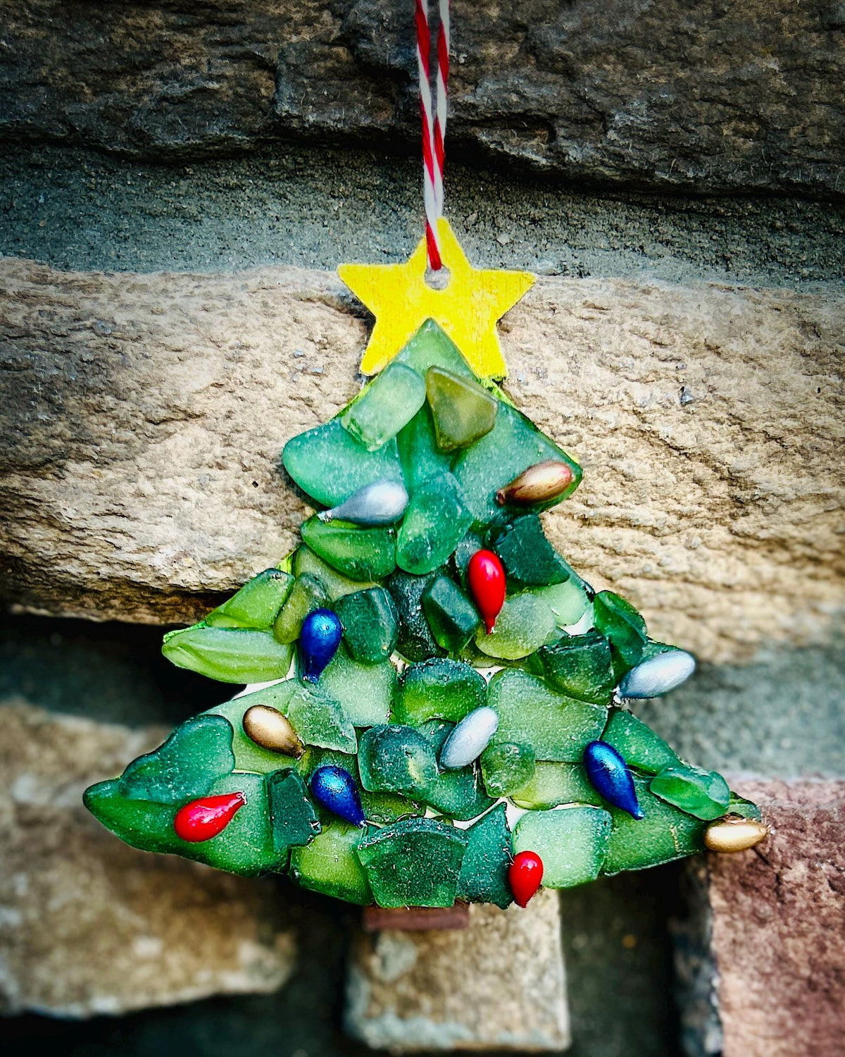 Sea Glass Christmas Tree Ornaments, With Holiday Lights and Golden Star Handmade Sea Glass Holiday Decor