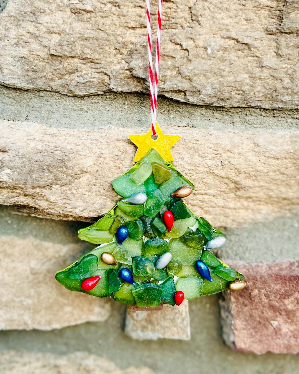 Sea Glass Christmas Tree Ornaments, With Holiday Lights and Golden Star Handmade Sea Glass Holiday Decor