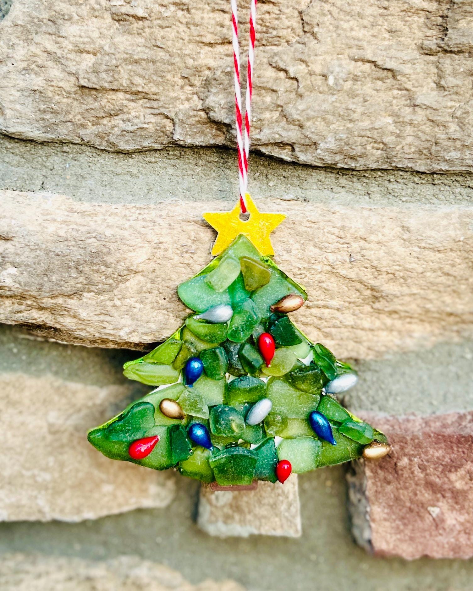 Sea Glass Christmas Tree Ornaments, With Holiday Lights and Golden Star Handmade Sea Glass Holiday Decor