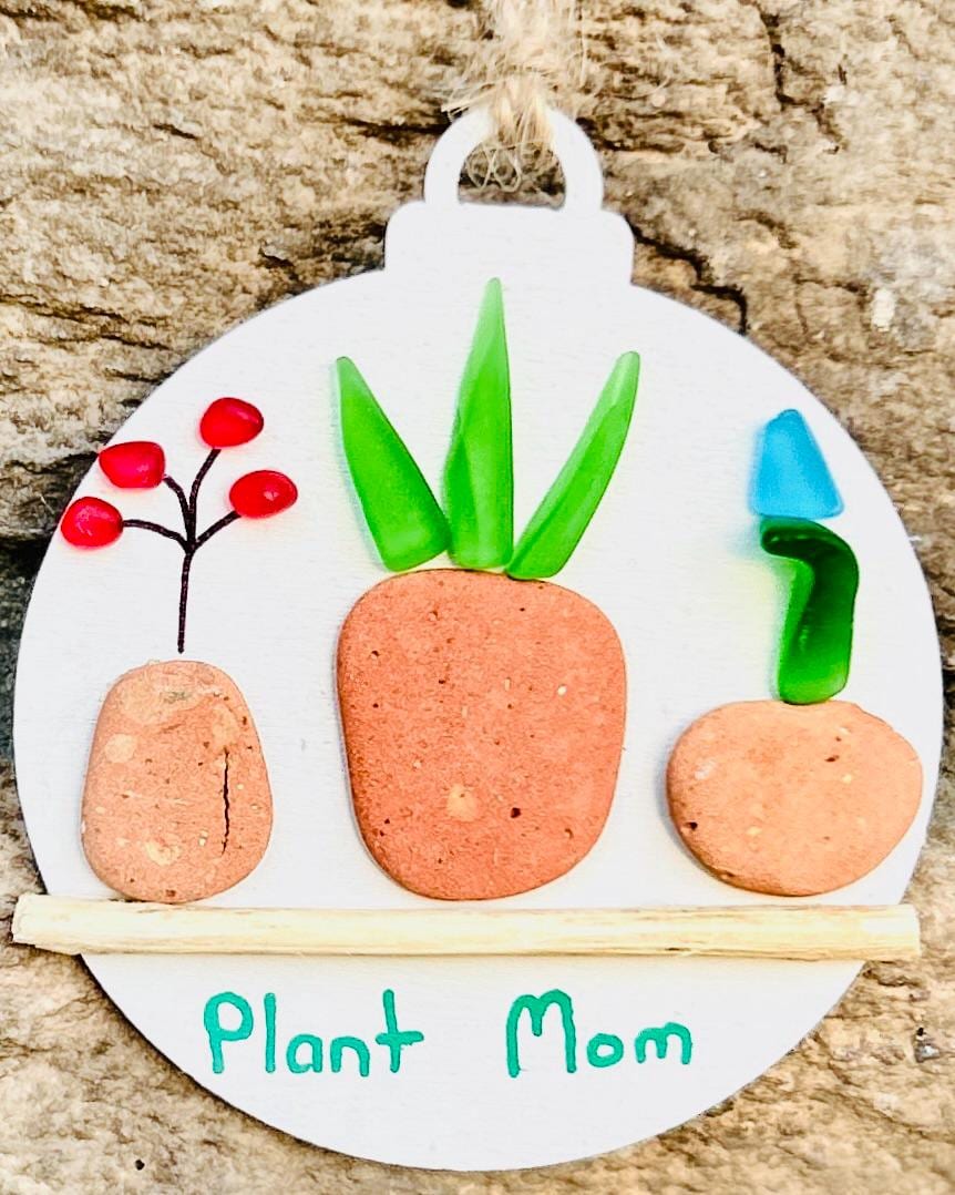 Plant Mom Ornament | Sea Glass And Pebble Art | Handmade Nature-Inspired Gift For Garden Lovers