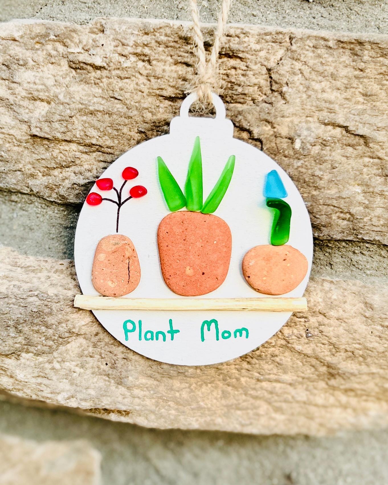 Plant Mom Ornament | Sea Glass And Pebble Art | Handmade Nature-Inspired Gift For Garden Lovers