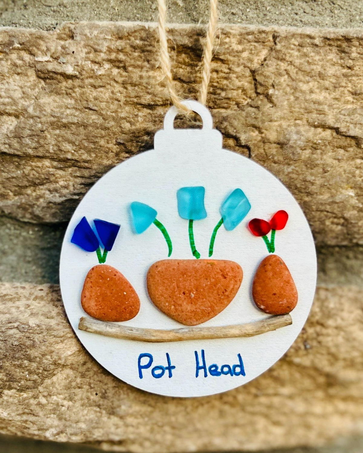 Pot Head Ornament | Funny Sea Glass And Pebble Art | Handmade Gift For Plant Lovers And Gardeners