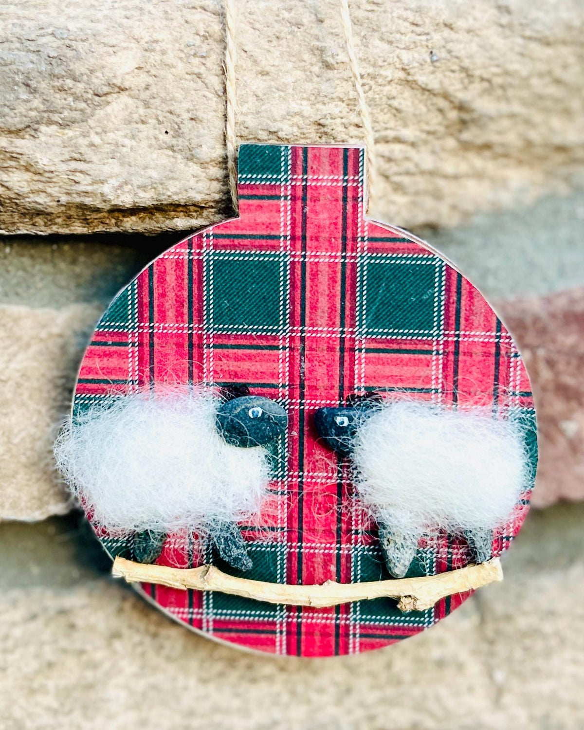 Sheep Christmas Ornament with Tartan Background Made From Scottish Wool and Beach Pebbles, Perfect Holiday Gift / Stocking Stuffer