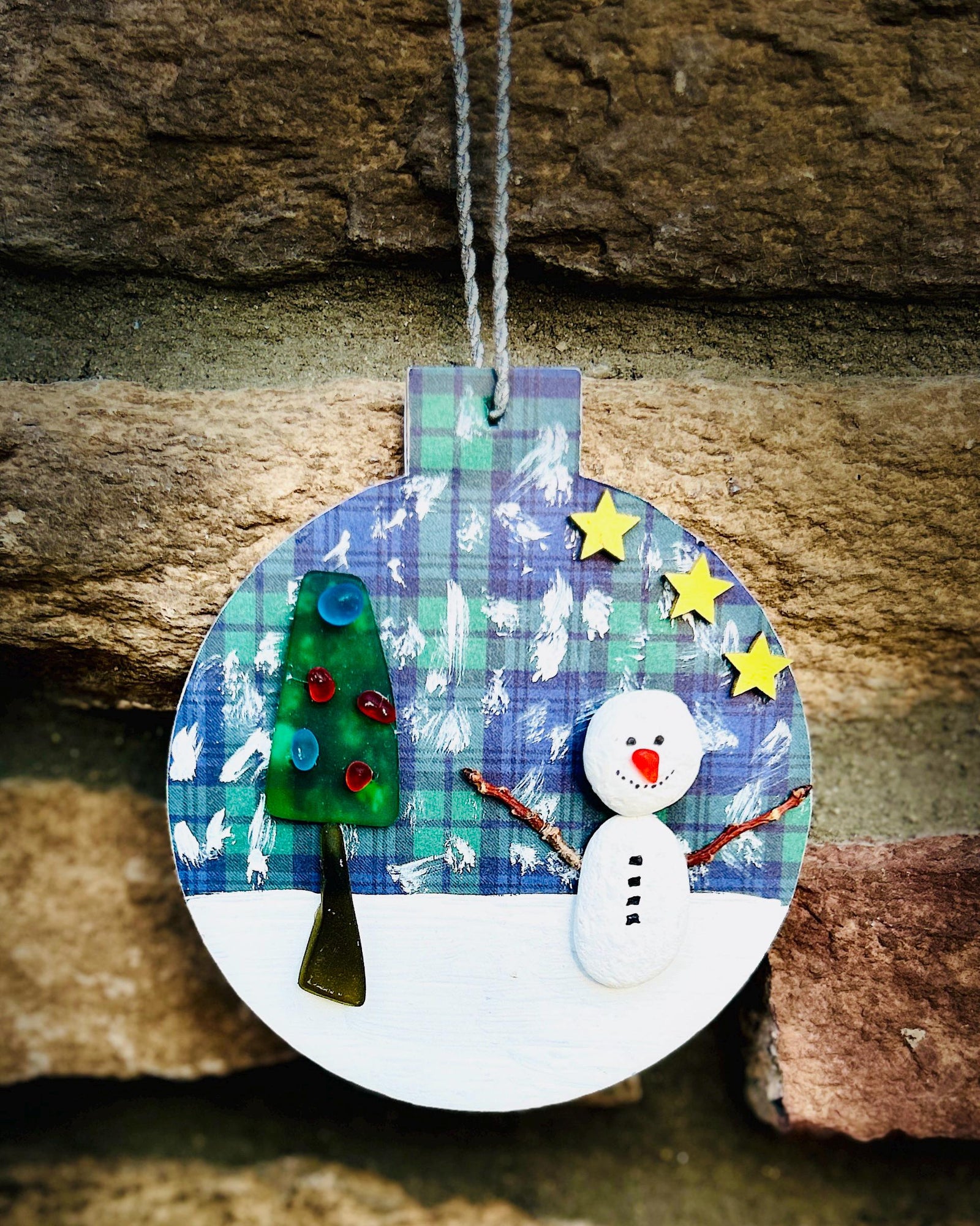 Snowman & Christmas Tree Ornament | Handmade Pebble Art Holiday Decor | Tartan Winter Scene Ornament | Great Stocking Stuffer and Xmas Gift
