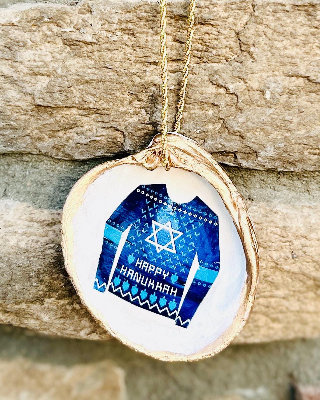 Happy Hanukkah Sweater Sea Shell Ornament | Handmade Decoupage Holiday Decor | Blue Star Of David Gift | 3x2" Ornament in Blue and White