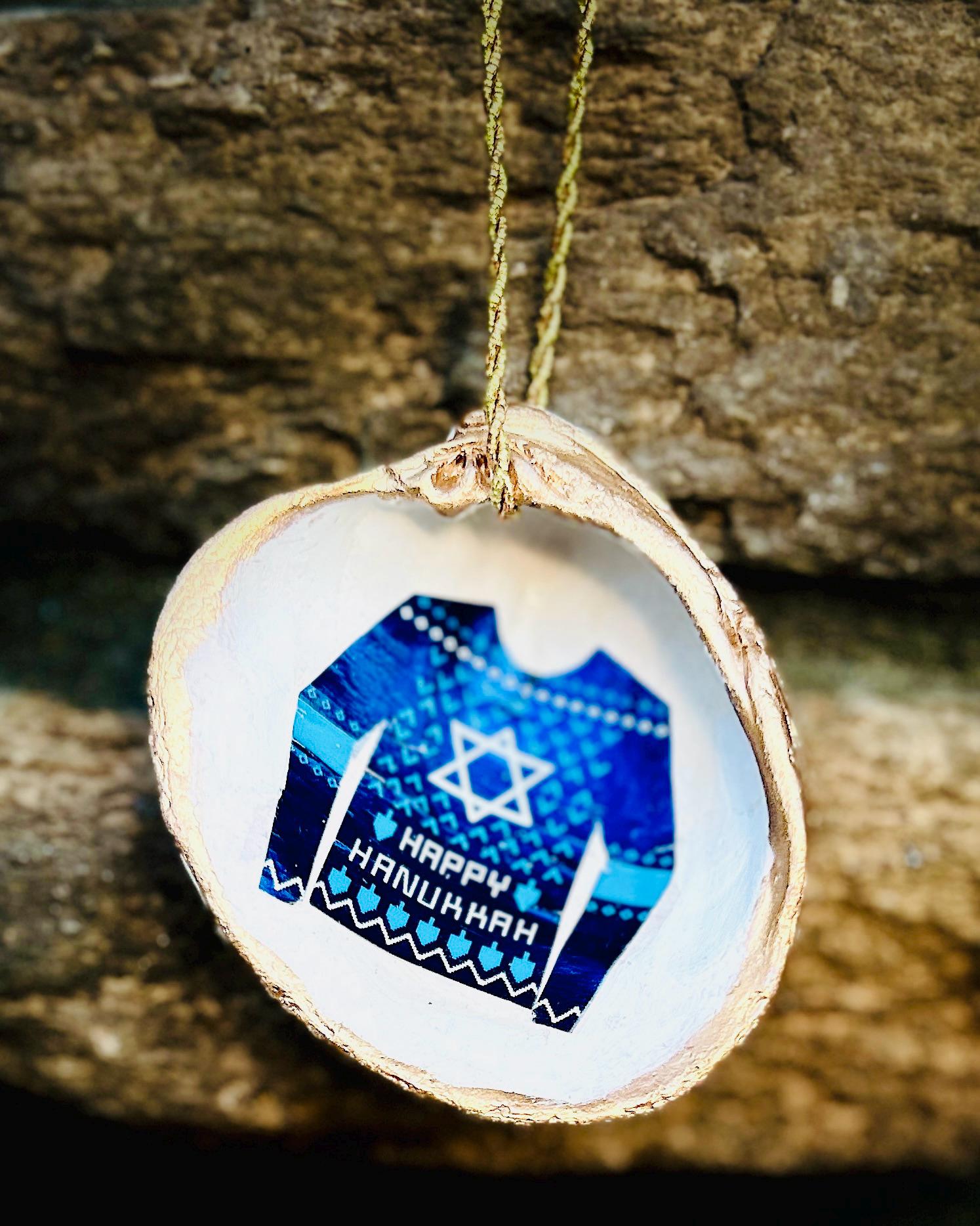 Happy Hanukkah Sweater Sea Shell Ornament | Handmade Decoupage Holiday Decor | Blue Star Of David Gift | 3x2" Ornament in Blue and White