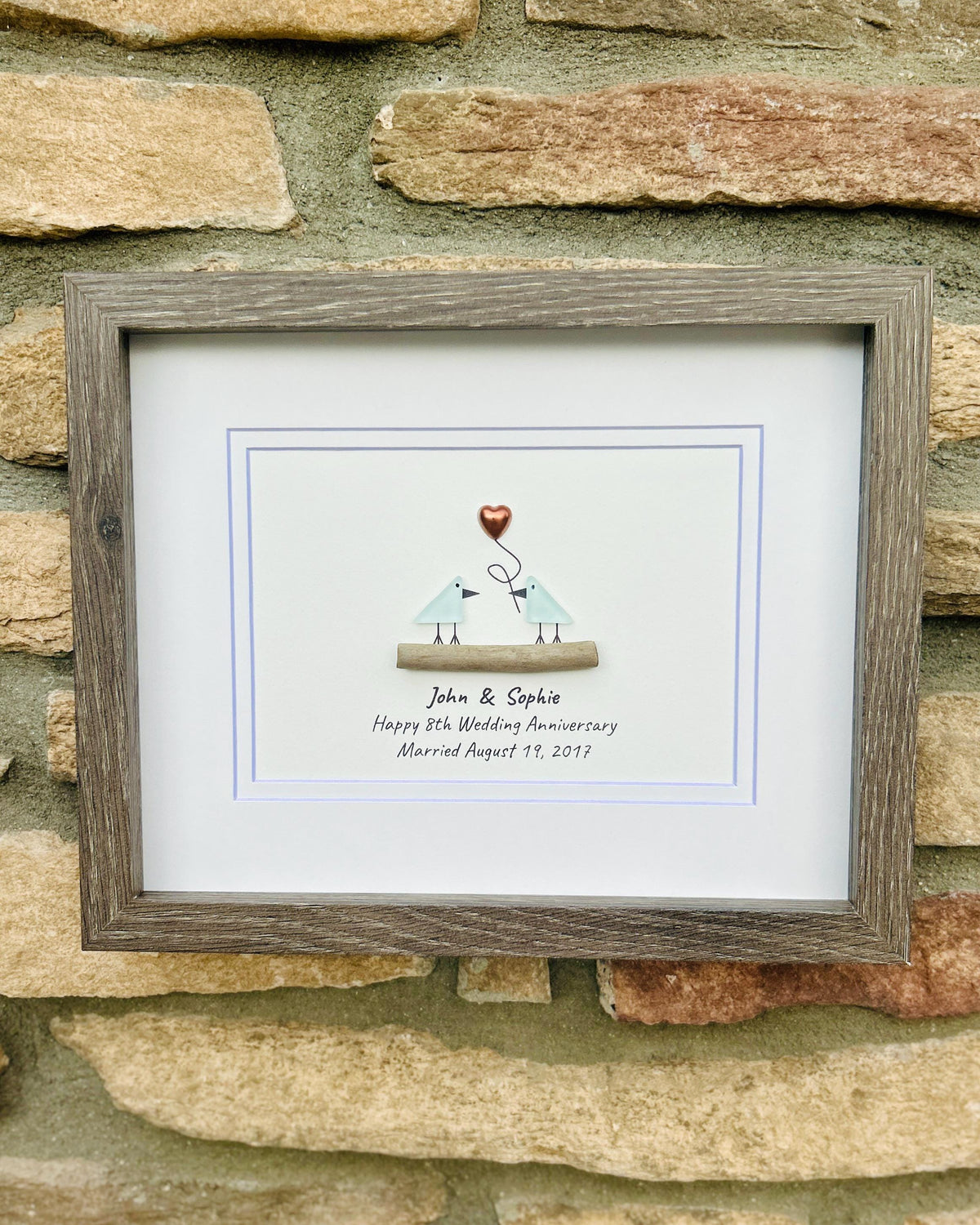 8th Wedding Anniversary 8x10" Framed Sea Glass Art, Personalized Bronze Anniversary Gift for Parents, Wife, Husband, Friends