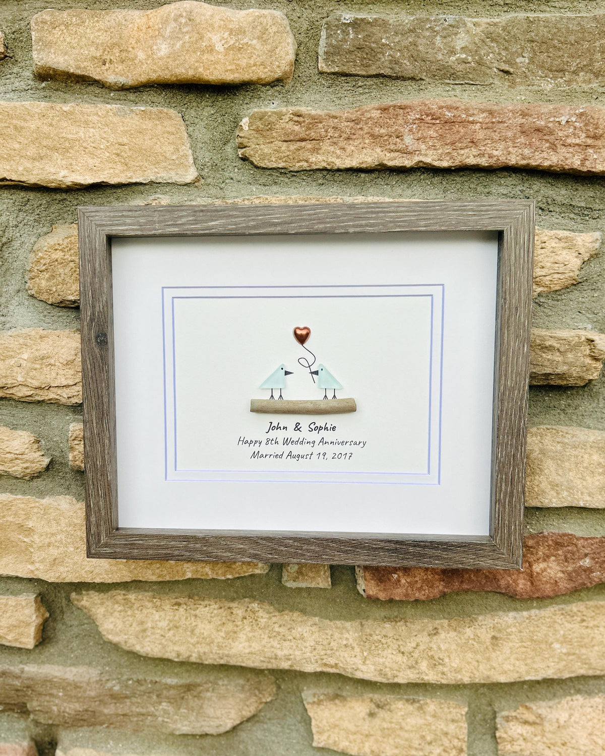 8th Wedding Anniversary 8x10" Framed Sea Glass Art, Personalized Bronze Anniversary Gift for Parents, Wife, Husband, Friends