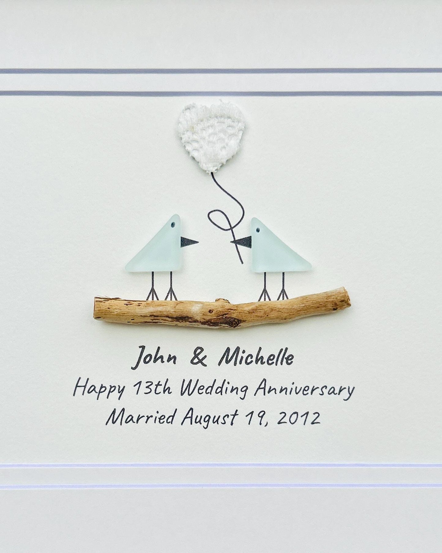13th Wedding Anniversary 8x10" Framed Sea Glass Art, Personalized Lace or Textile Anniversary Gift for Parents, Wife, Husband, Friends