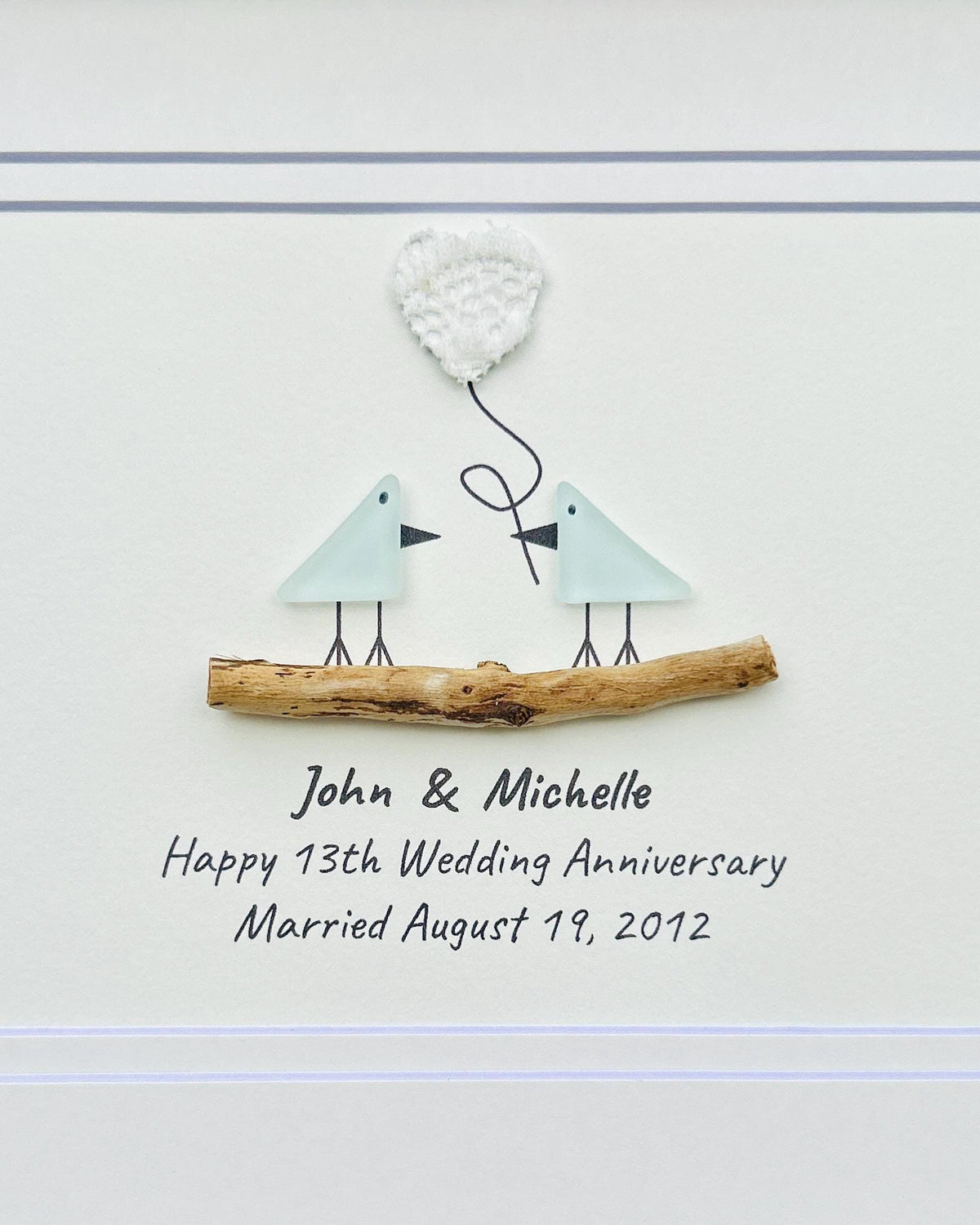 13th Wedding Anniversary 8x10" Framed Sea Glass Art, Personalized Lace or Textile Anniversary Gift for Parents, Wife, Husband, Friends