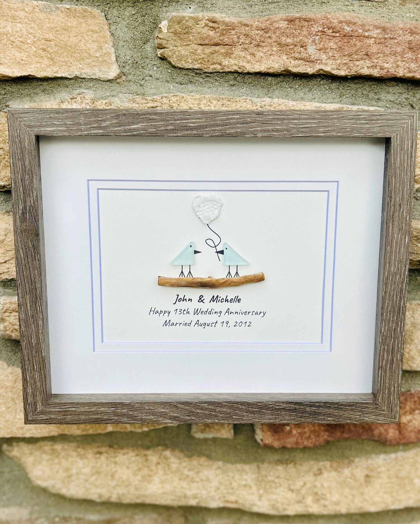 13th Wedding Anniversary 8x10" Framed Sea Glass Art, Personalized Lace or Textile Anniversary Gift for Parents, Wife, Husband, Friends