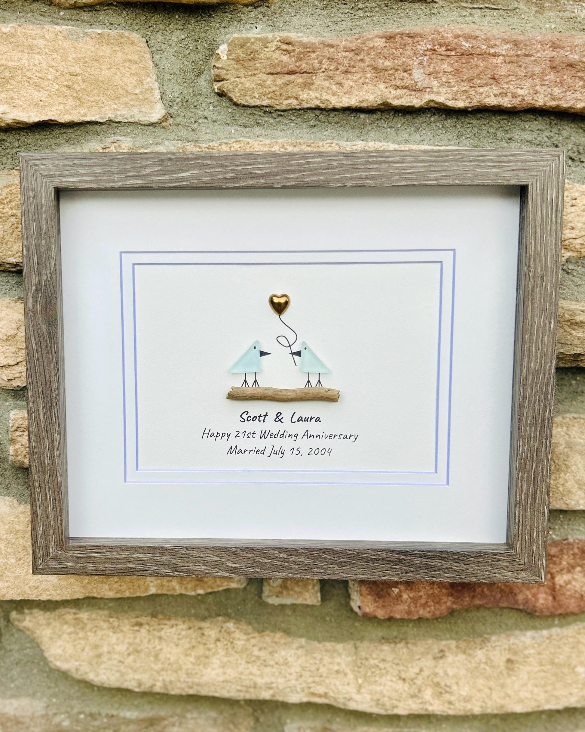 21st Wedding Anniversary 8x10" Framed Sea Glass Art, Personalized Brass or Nickel Anniversary Gift for Parents, Wife, Husband, Friends