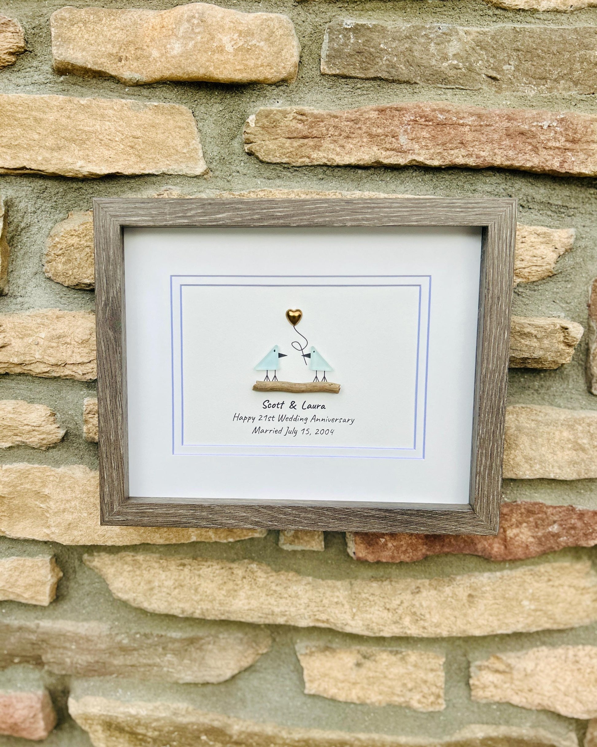 21st Wedding Anniversary 8x10" Framed Sea Glass Art, Personalized Brass or Nickel Anniversary Gift for Parents, Wife, Husband, Friends