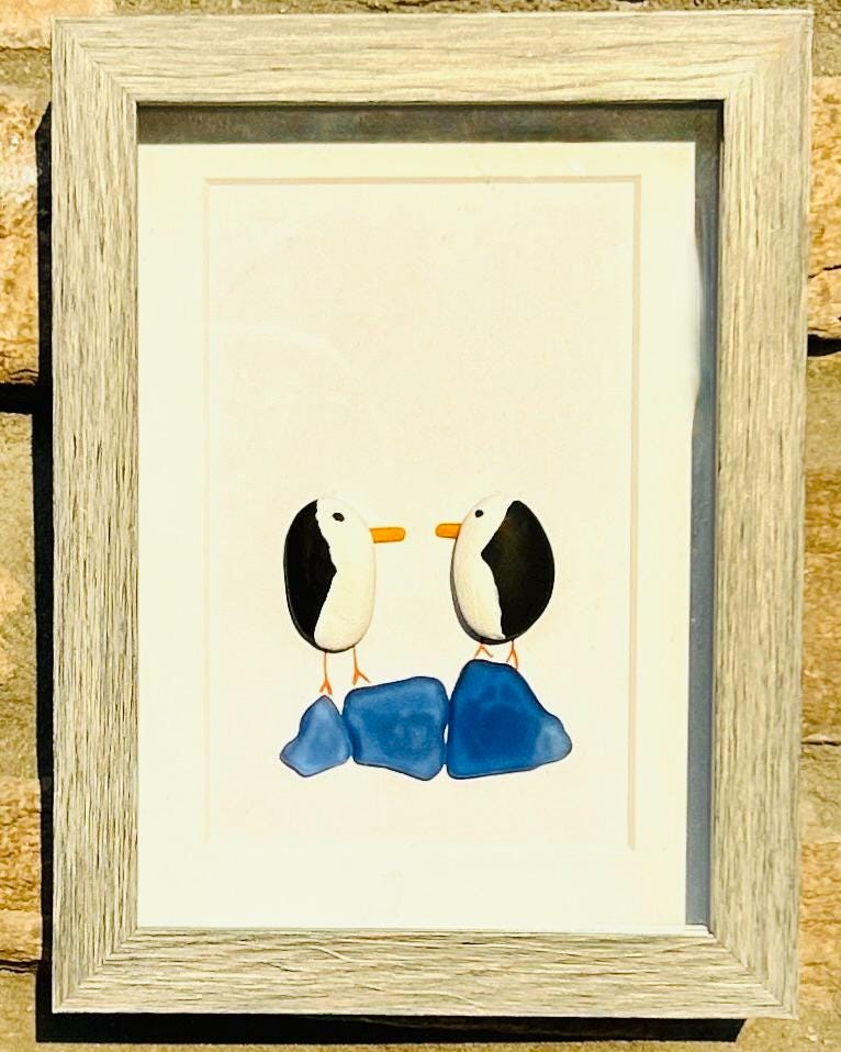 Sea Glass Penguins on Blue Sea Glass Ice – Handmade Winter Wall Art, 5x7 Framed Sea Glass Art, Perfect Winter or Holiday Decor