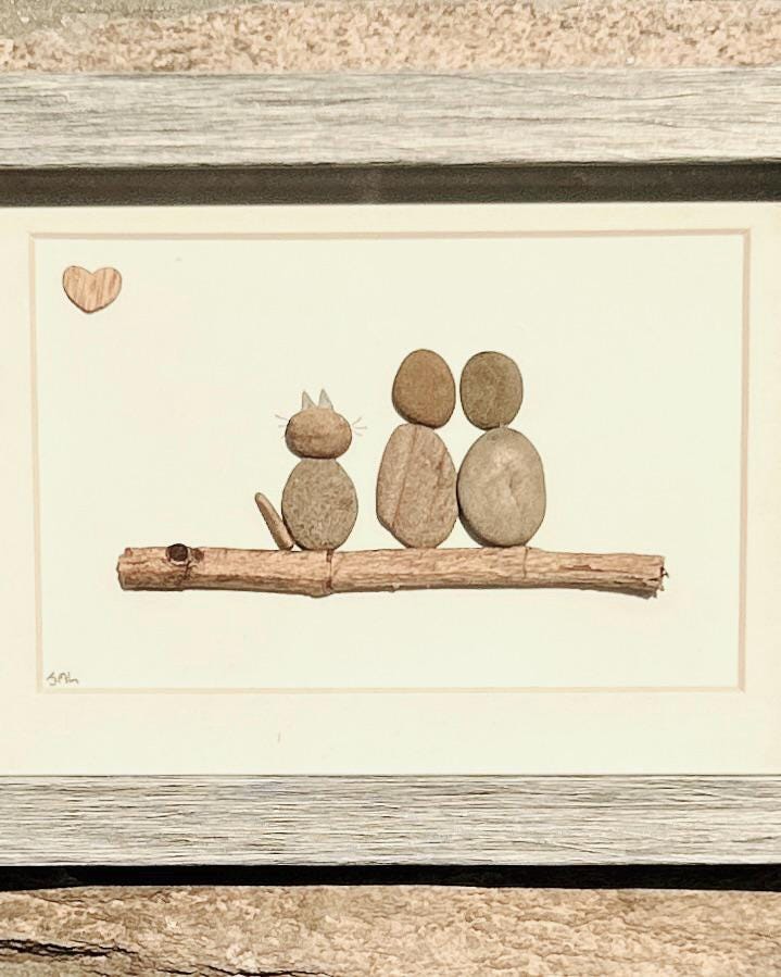 Couple and their Cat Pebble Art, 5x7 Framed Picture, Personalized Pet Artwork, Perfect Gift for Cat Owners