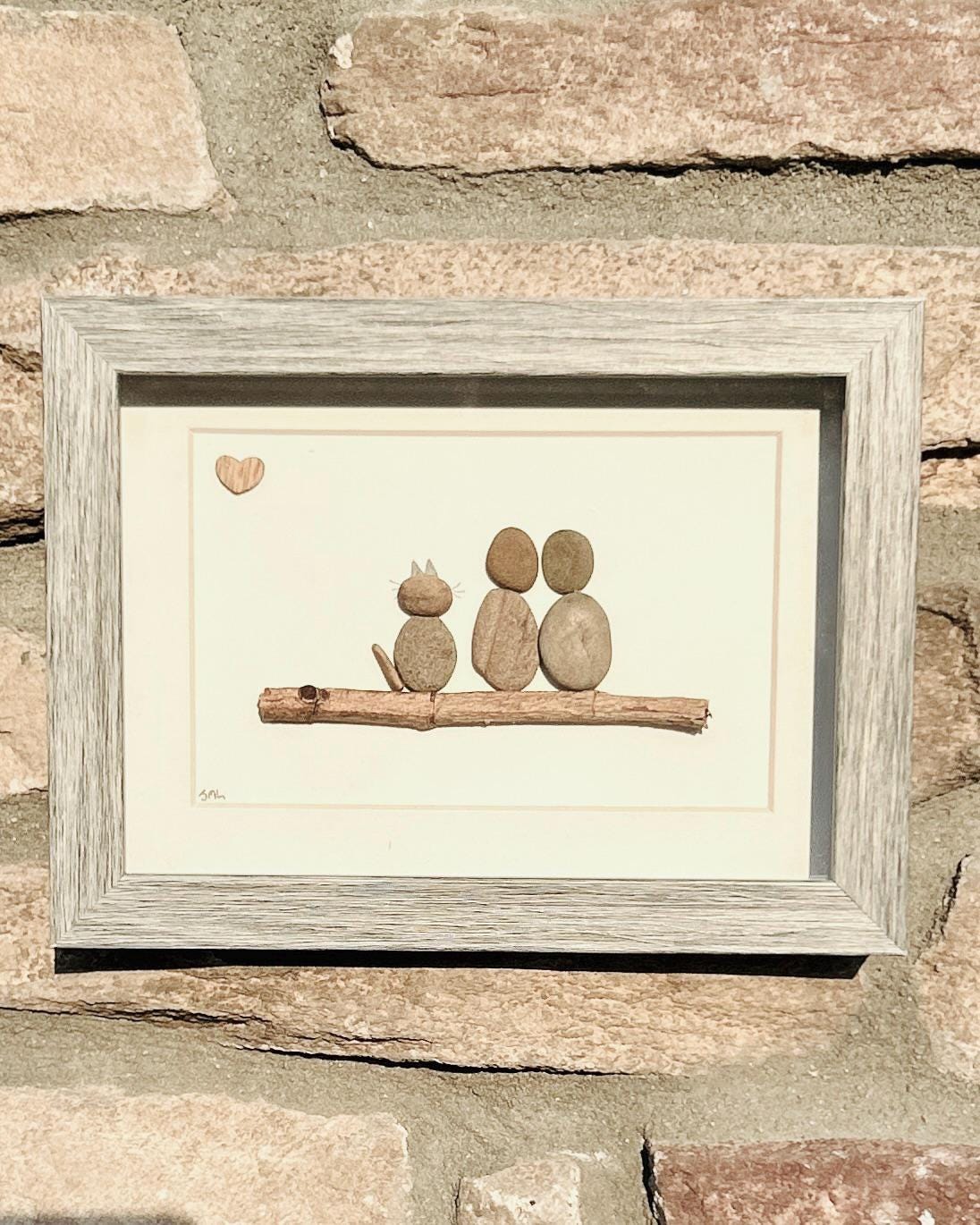 Couple and their Cat Pebble Art, 5x7 Framed Picture, Personalized Pet Artwork, Perfect Gift for Cat Owners