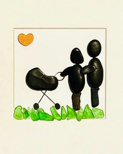 Parents Strolling with Baby Pebble and Sea Glass Art, 8x8"
