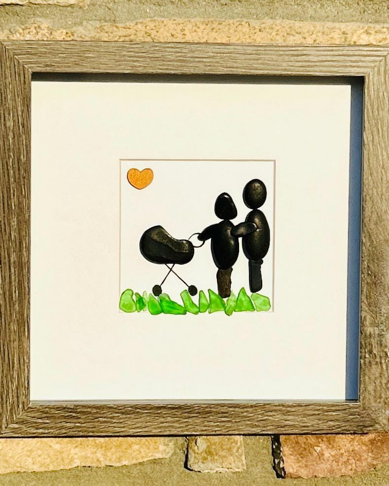 Personalized New Baby Pebble Art, 8x10 Framed Picture of Couple with Baby in Stroller / Bassinet, Perfect Gift for New Parents