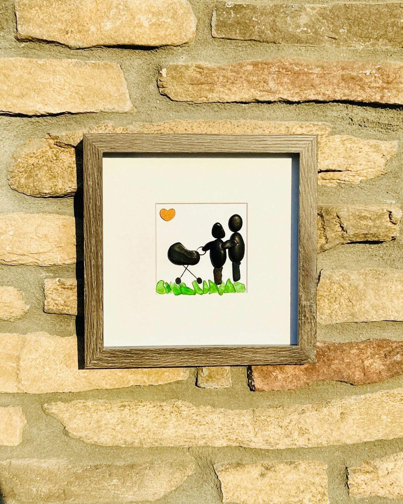 Personalized New Baby Pebble Art, 8x10 Framed Picture of Couple with Baby in Stroller / Bassinet, Perfect Gift for New Parents