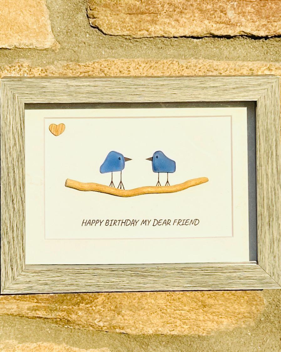 Happy Birthday My Dear Friend Sea Glass Art | Bluebird Friendship Gift | Nature-Inspired Birthday Keepsake | 5x7" Sea Glass Art