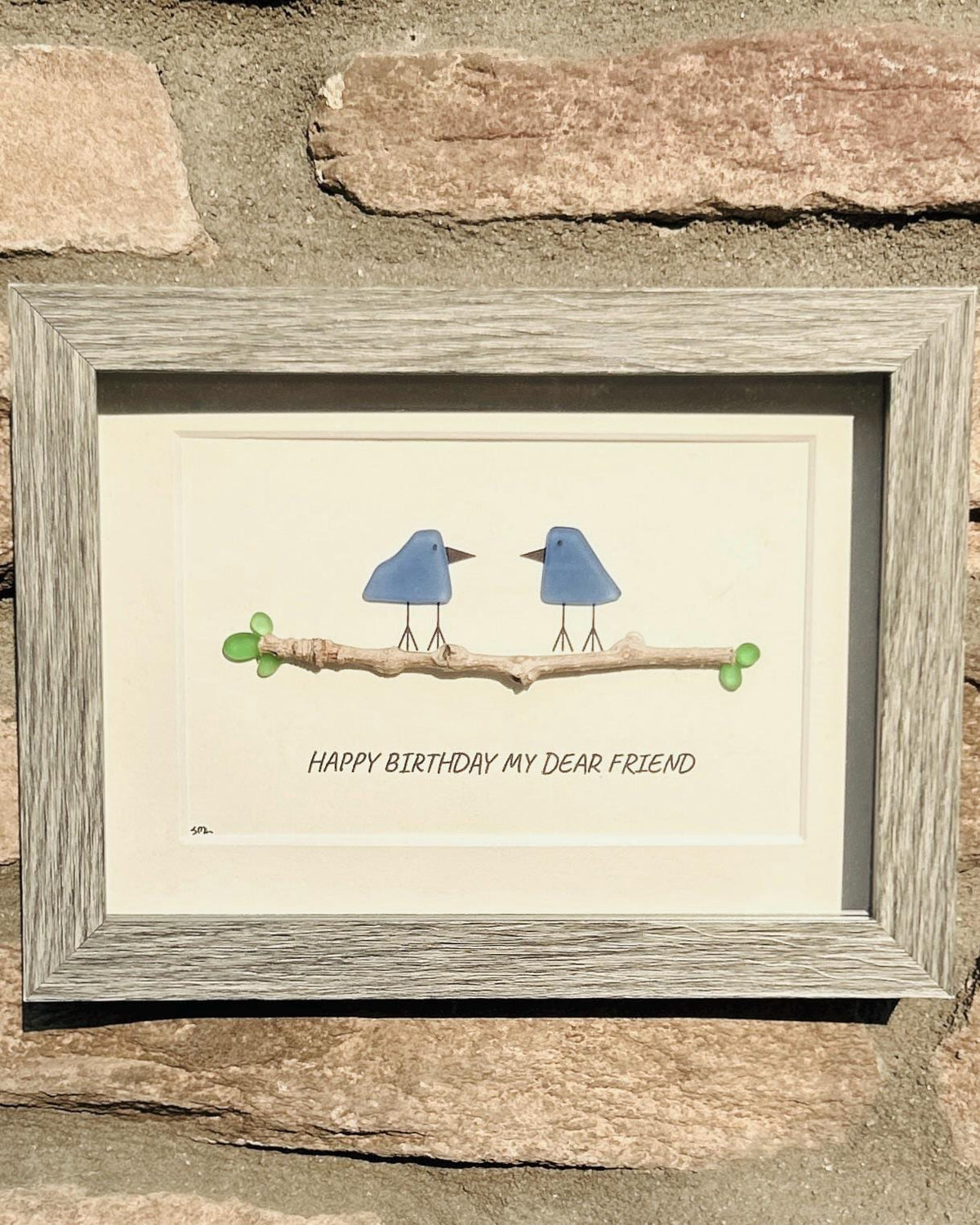 Happy Birthday My Dear Friend Sea Glass Art | Bluebird and Green Leaves Friendship Art | Nature-Inspired Birthday Keepsake | 5x7" Art