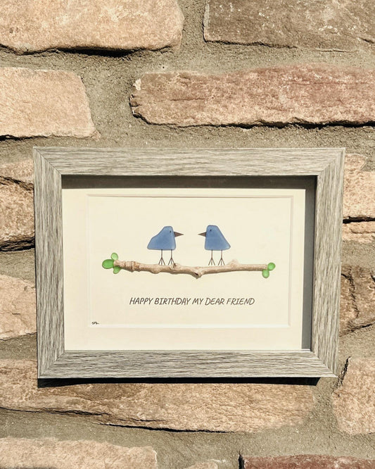 Birthday Bluebirds and Green Leaves Sea Glass Art, 5x7"