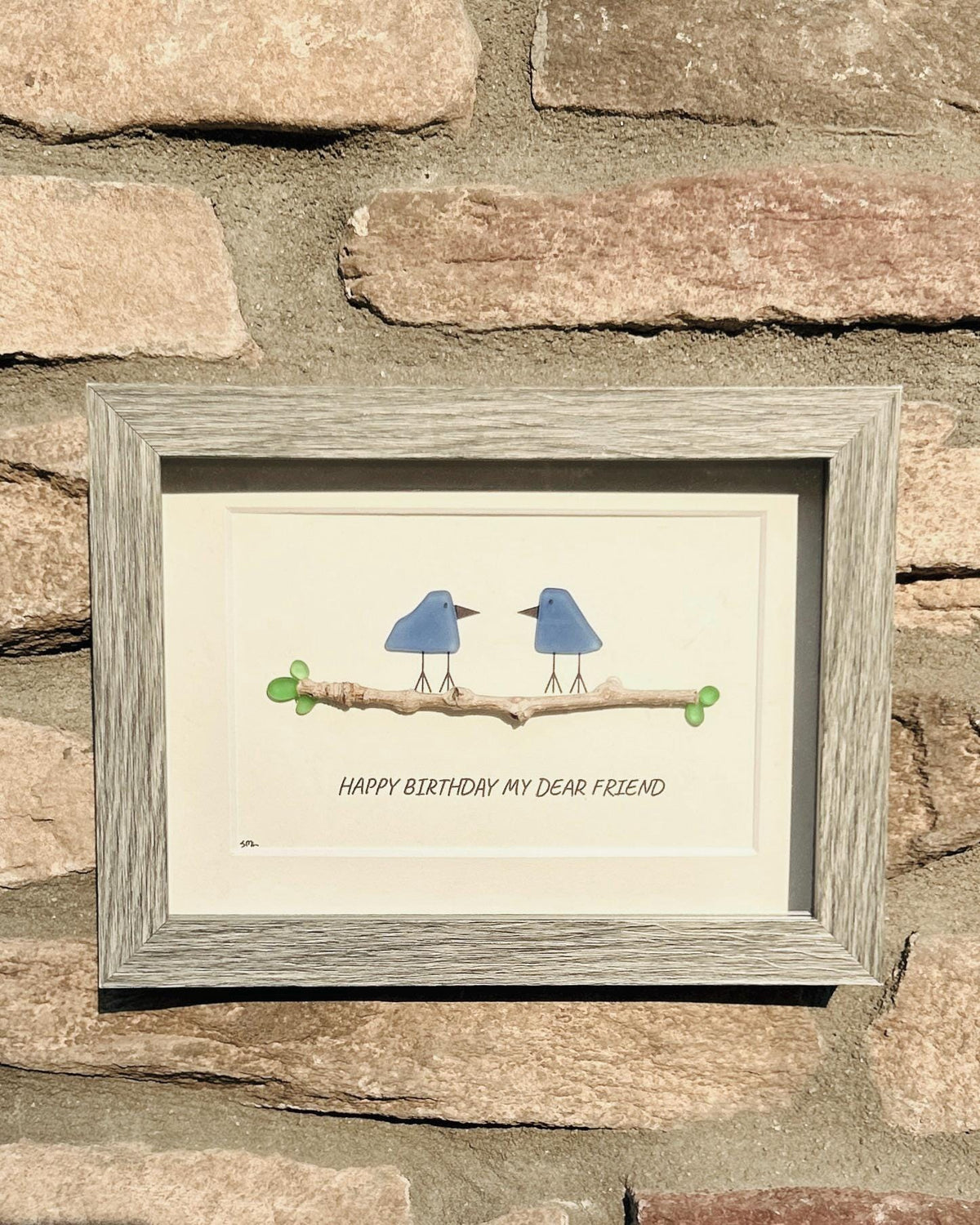 Happy Birthday My Dear Friend Sea Glass Art | Bluebird and Green Leaves Friendship Art | Nature-Inspired Birthday Keepsake | 5x7" Art