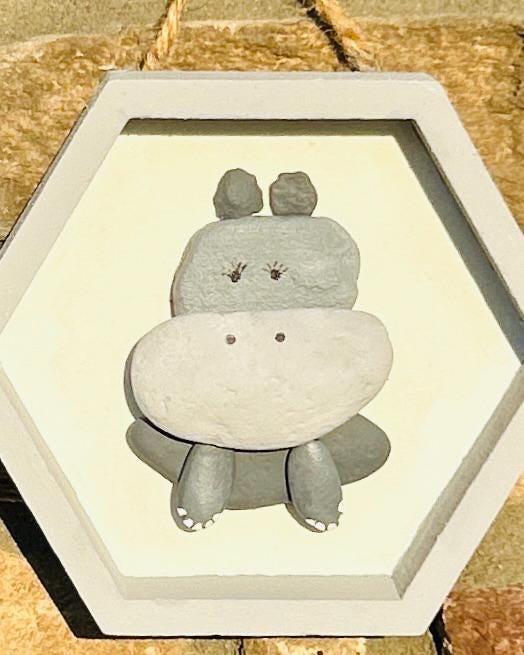 Hippo Pebble Art in Shades of Gray | Handmade Animal Wall Hanging | Cute Nursery Decor Great gift for kids room general decor or craft room