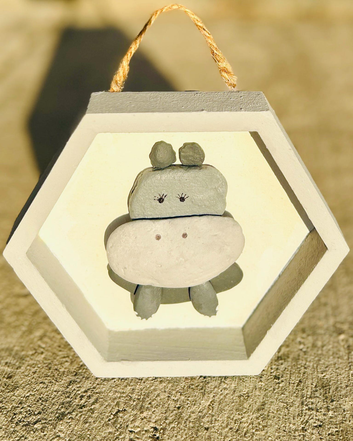 Hippo Pebble Art in Shades of Gray | Handmade Animal Wall Hanging | Cute Nursery Decor Great gift for kids room general decor or craft room