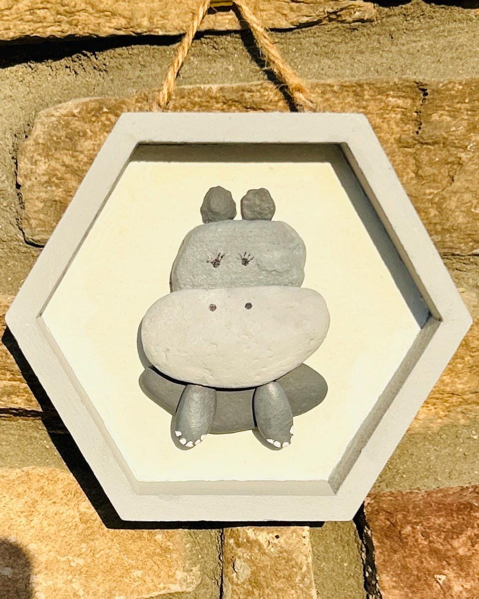 Hippo Pebble Art in Shades of Gray | Handmade Animal Wall Hanging | Cute Nursery Decor Great gift for kids room general decor or craft room