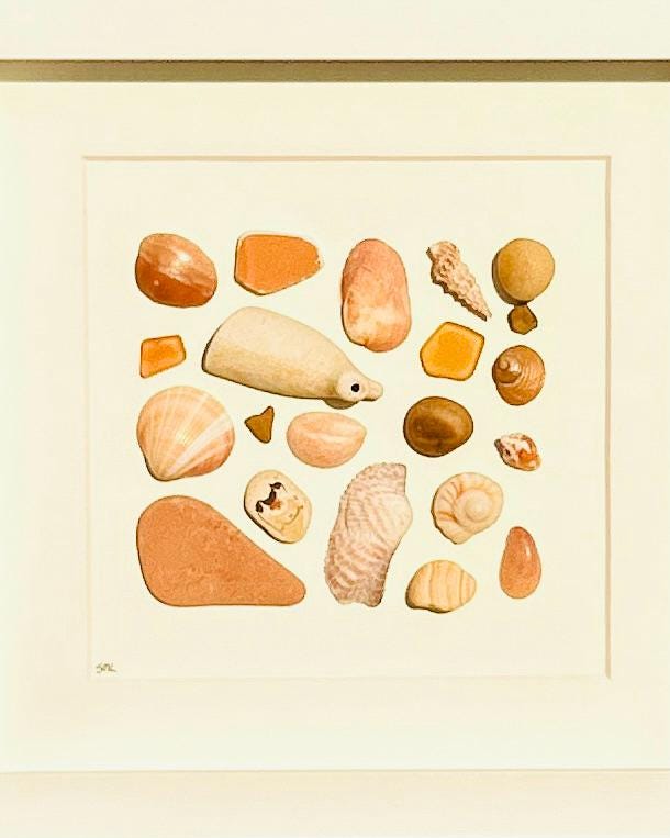 Delicate Beach Art in Shades of Orange and Yellow | Sea Treasures | 8x8 Sea Glass, Shell & Pebble Collage | Handmade Coastal Decor