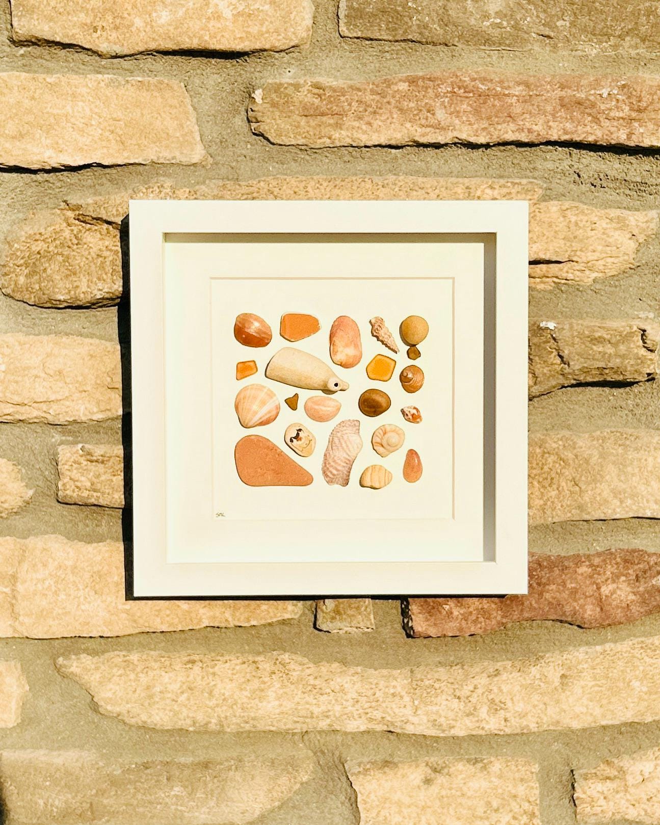 Handmade Sea Glass Collage | Orange, Yellow Beach Art, 8x8
