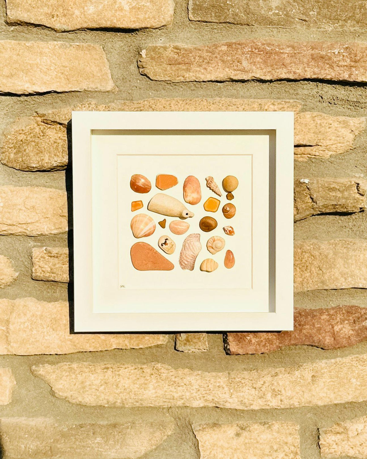 Delicate Beach Art in Shades of Orange and Yellow | Sea Treasures | 8x8 Sea Glass, Shell & Pebble Collage | Handmade Coastal Decor