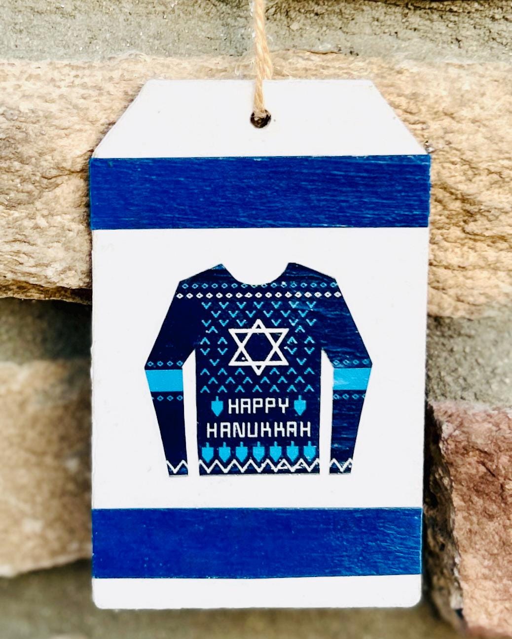 Happy Hanukkah Sweater Ornament | Handmade Decoupage Holiday Decoration | Blue Star Of David Chanukah Gift | 3x2" Ornament in Blue and White