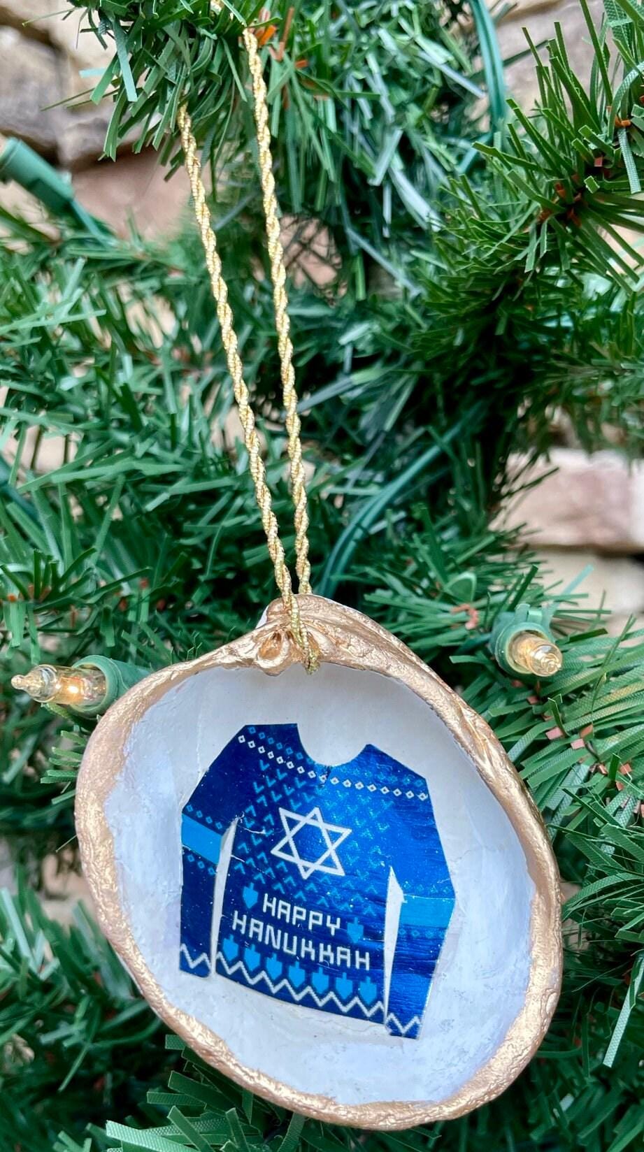 Happy Hanukkah Sweater Sea Shell Ornament | Handmade Decoupage Holiday Decor | Blue Star Of David Gift | 3x2" Ornament in Blue and White